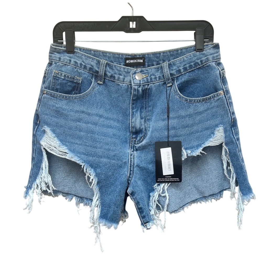 MOMOKROM PrettyLittleThing Distressed Denim Shorts Blue Cut Out Ripped Size‎ 12